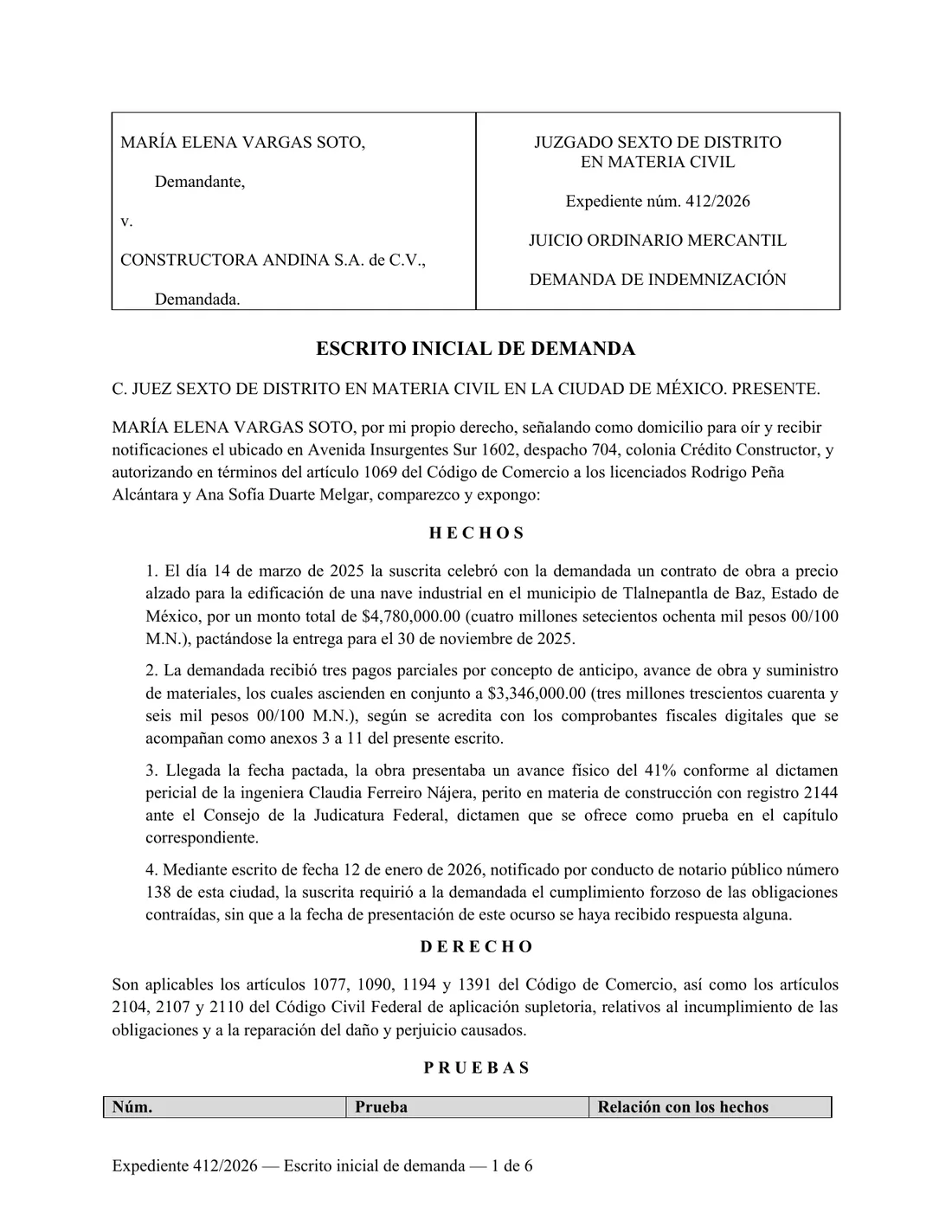 Eine in Mexiko-Stadt eingereichte Zivilklage, Spanisch nach Englisch. Rubrum, nummerierte Sachverhaltsangaben, Beweistabelle und Unterschriftenblock bleiben an ihrem Platz. — Original
