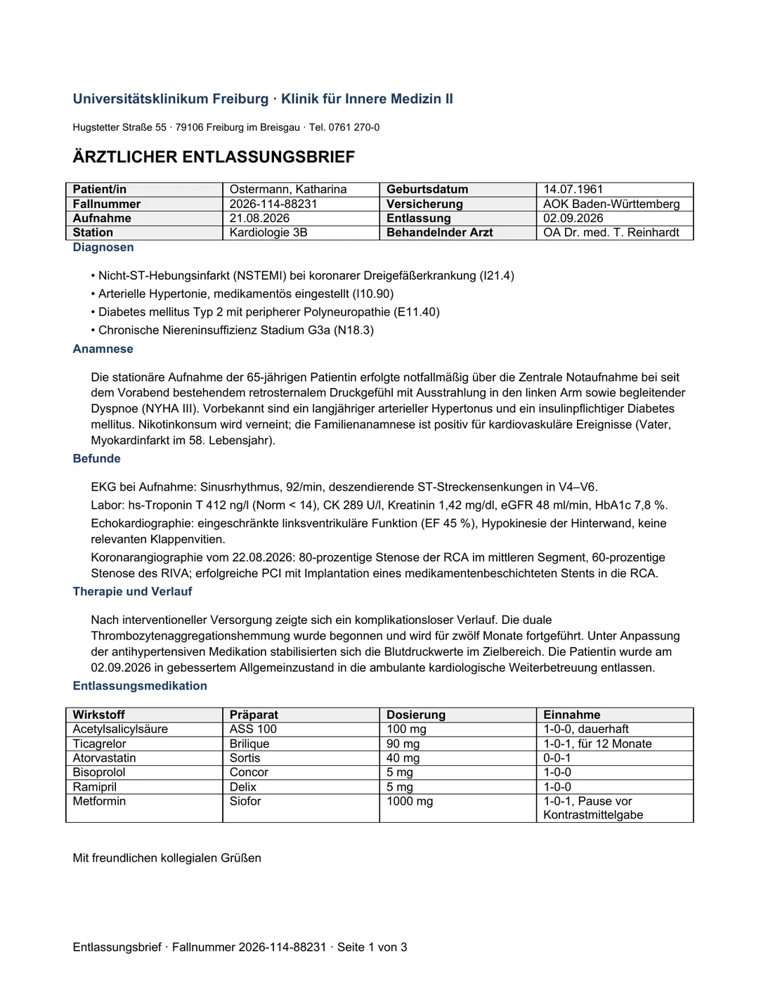 Ein deutscher Entlassungsbrief. Diagnosen mit ICD-Codes, Laborwerte und die Medikationstabelle bleiben unverändert. — Original