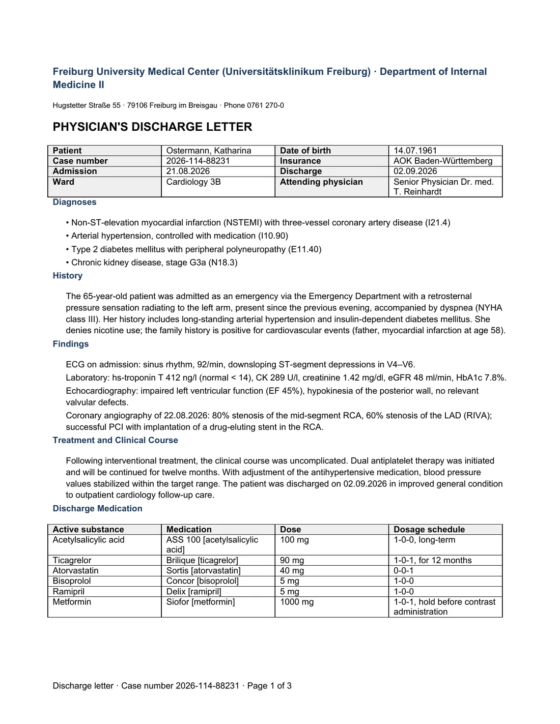Ein deutscher Entlassungsbrief. Diagnosen mit ICD-Codes, Laborwerte und die Medikationstabelle bleiben unverändert. — Übersetzung