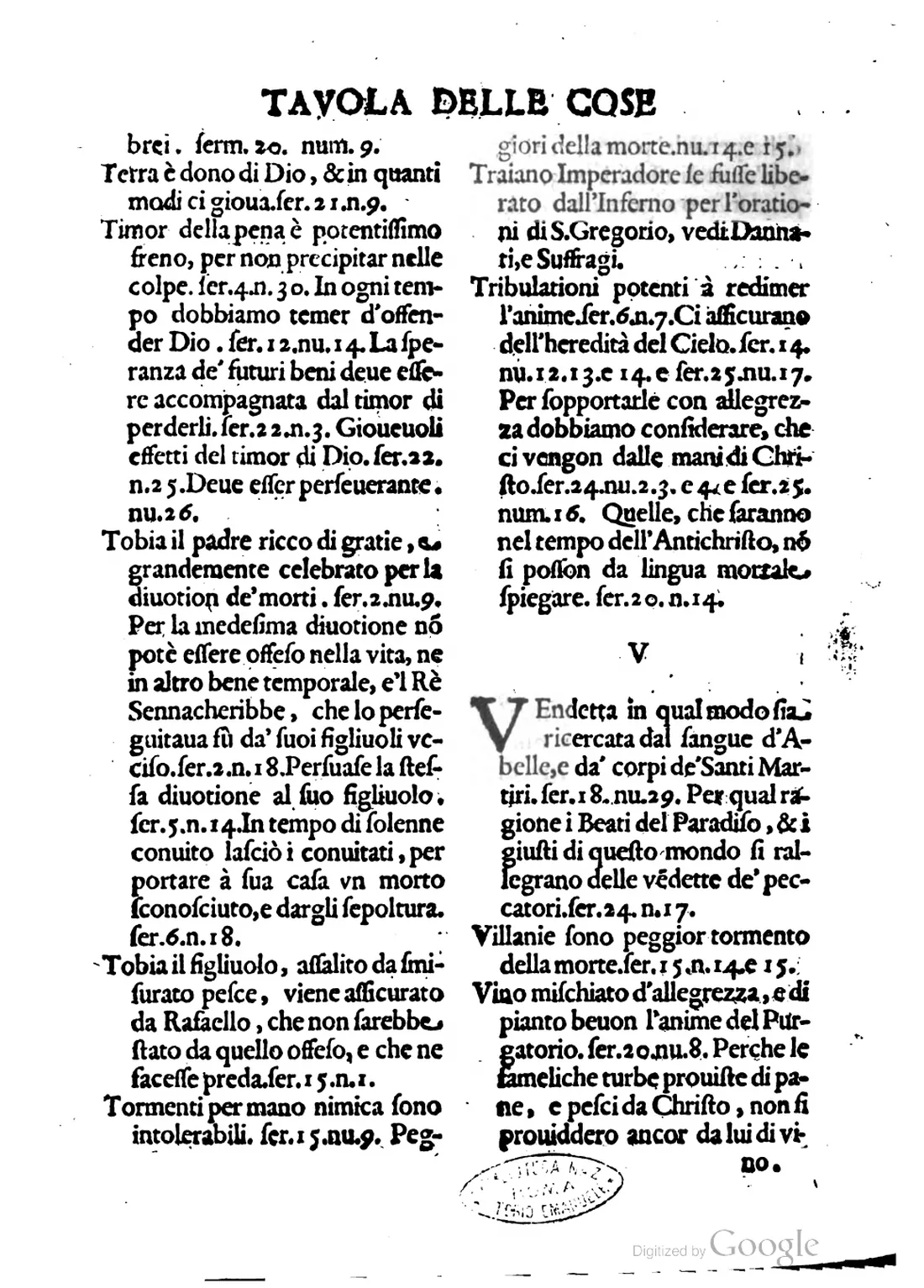 Ein gescanntes italienisches Predigtregister aus dem 17. Jahrhundert. Zwei Spalten winziger Schrift, an Ort und Stelle übersetzt. — Original