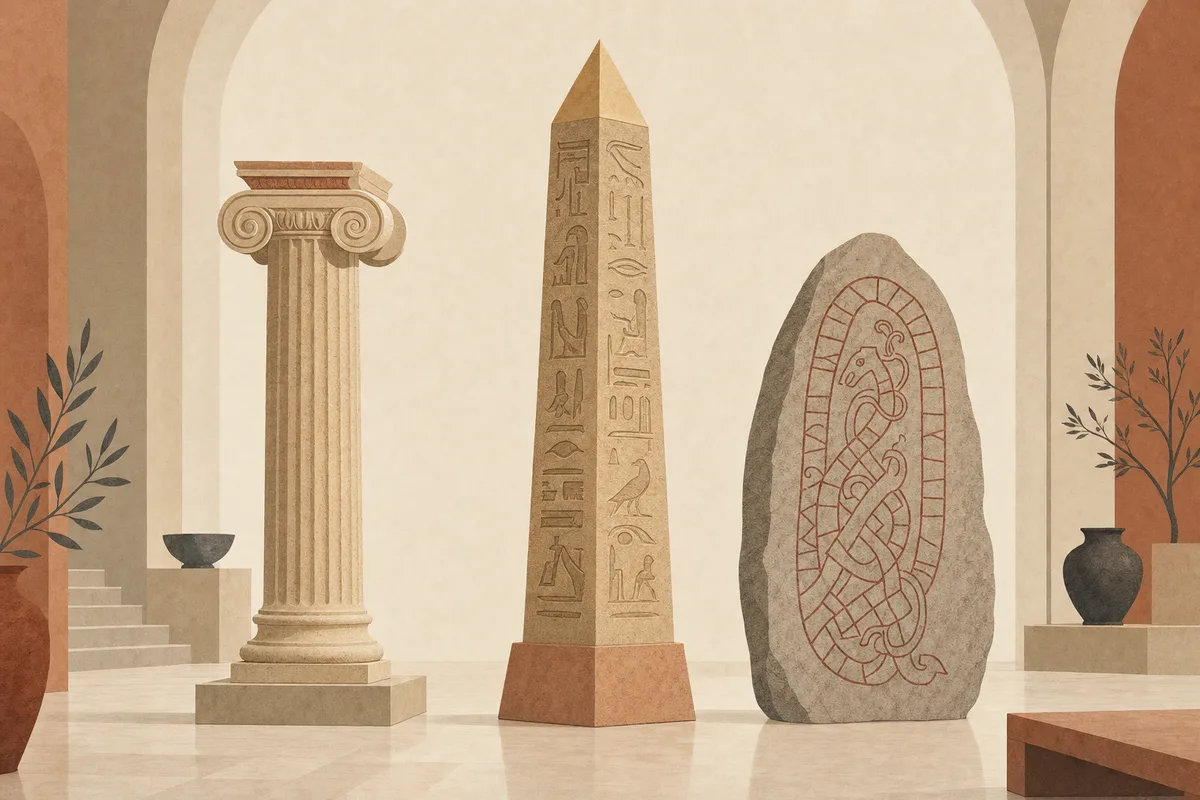 A Greek column, Egyptian obelisk, and runestone in a museum hall