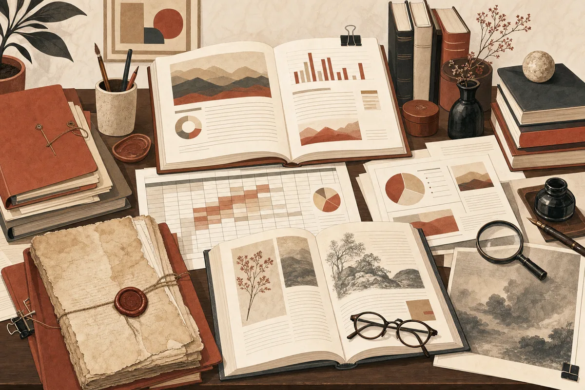 A folder with different document types — report, slides, spreadsheet, book, manuscript