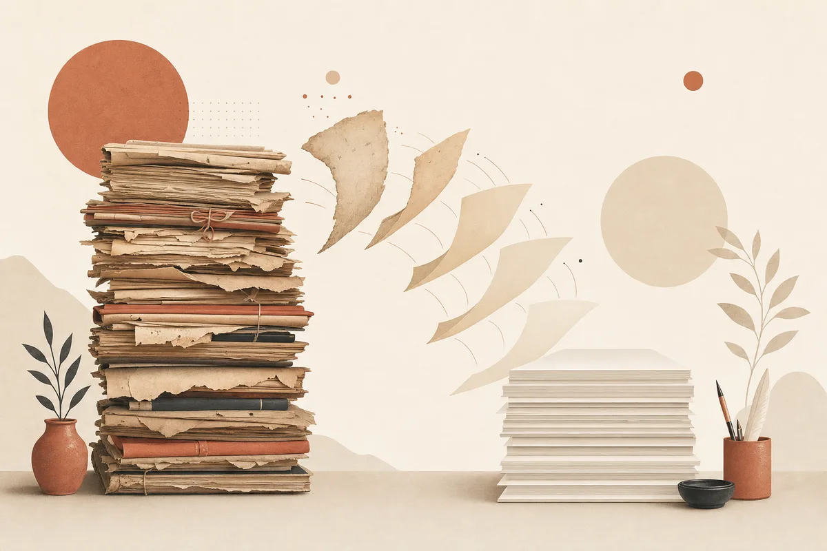 A stack of PDF pages being translated across languages