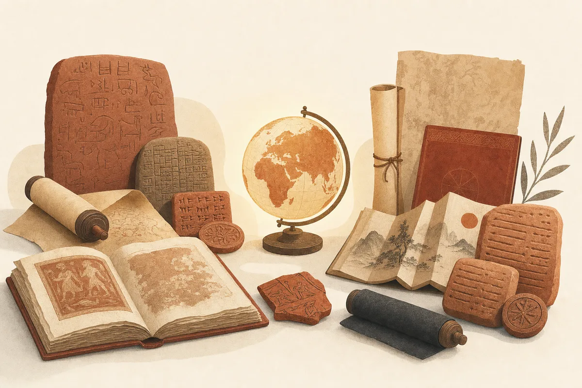 Manuscripts, scrolls and tablets around a globe