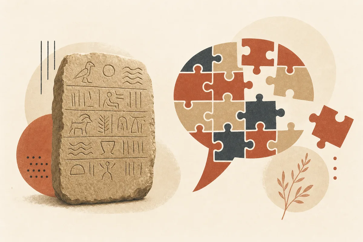An ancient tablet beside a modern speech bubble with a misplaced piece