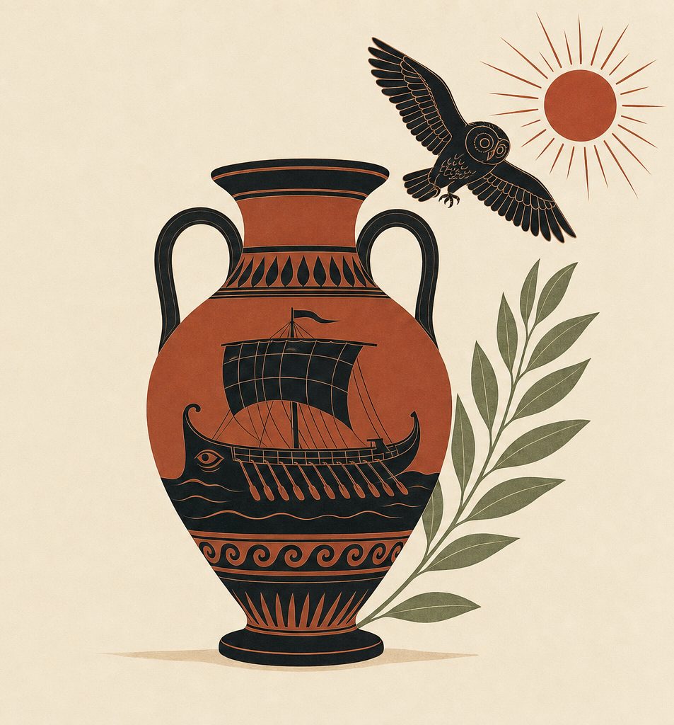 A black-figure amphora painted with an oared ship, an owl in flight, a laurel sprig, and a low sun