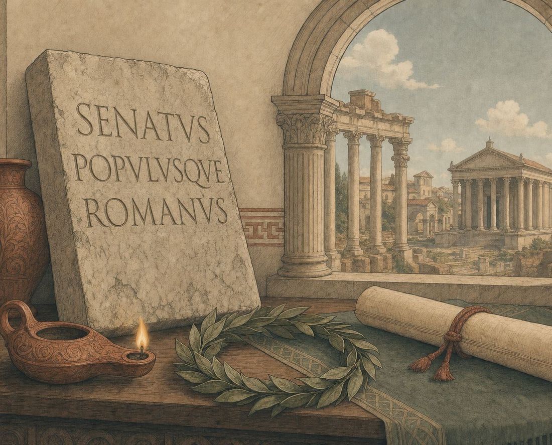 A marble inscription in Roman capitals beside a scroll, a laurel wreath, and an oil lamp