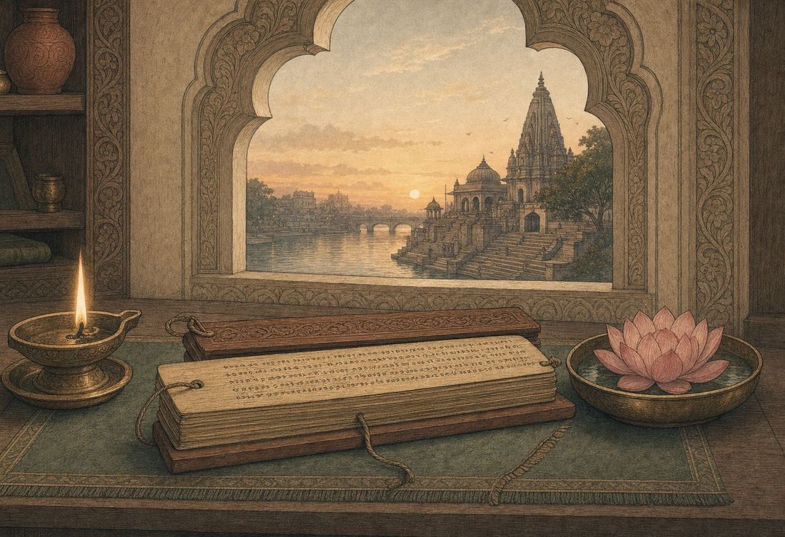 A palm-leaf manuscript page in Devanagari beside an oil lamp and a lotus
