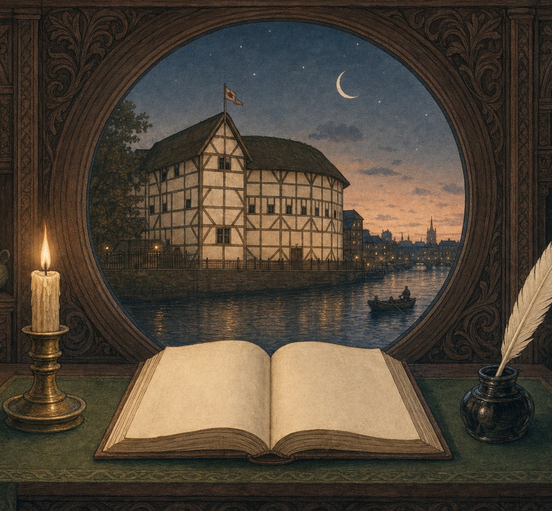 A candlelit writing desk with a quill, an open quarto, and a playhouse of the Globe's shape through the window